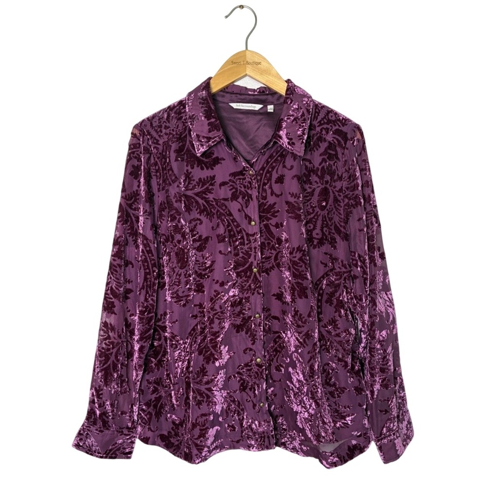 Soft Surroundings Large Burgundy Purple Burnout Velvet Long Sleeve Button Up Top